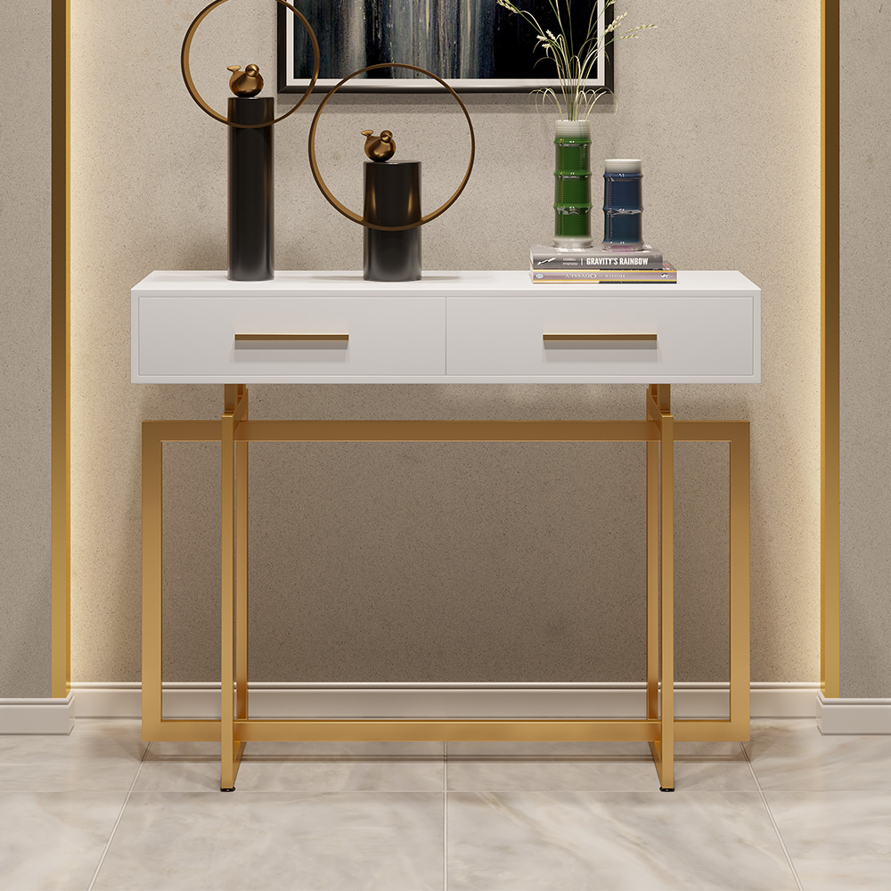 

40" Modern Wood White Entryway Console Table with Storage & Metal Legs