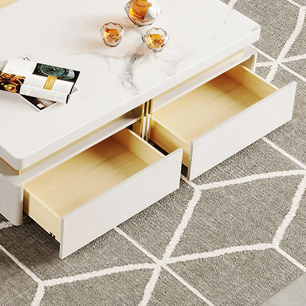 43.3" Modern White Square Storage Coffee Table Stone Top & 4 Wood Drawers
