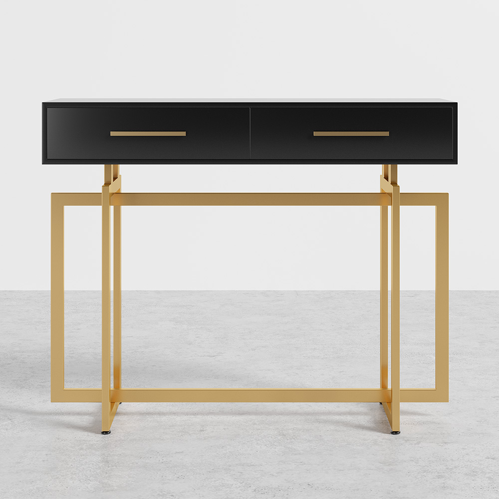 1000mm Modern Narrow Black Console Table with Storage Drawers and Metal Legs in Gold