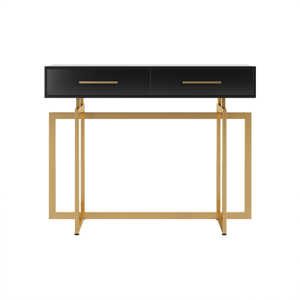 40" Black Rectangular Entryway Console Table with Drawers and Metal Legs in Gold