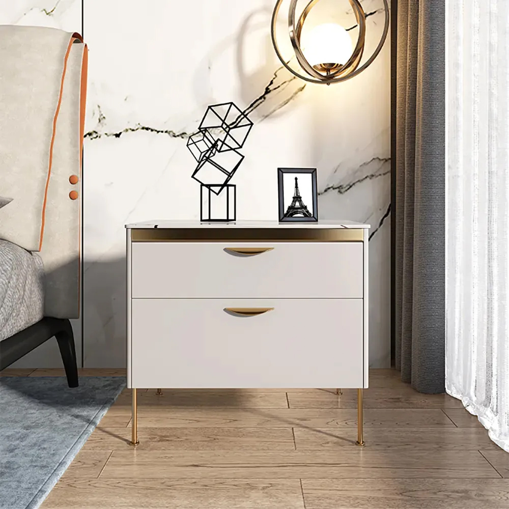 Modern White Nightstand Luxury Stone Top 2-Drawer Lacquered Bedside Table