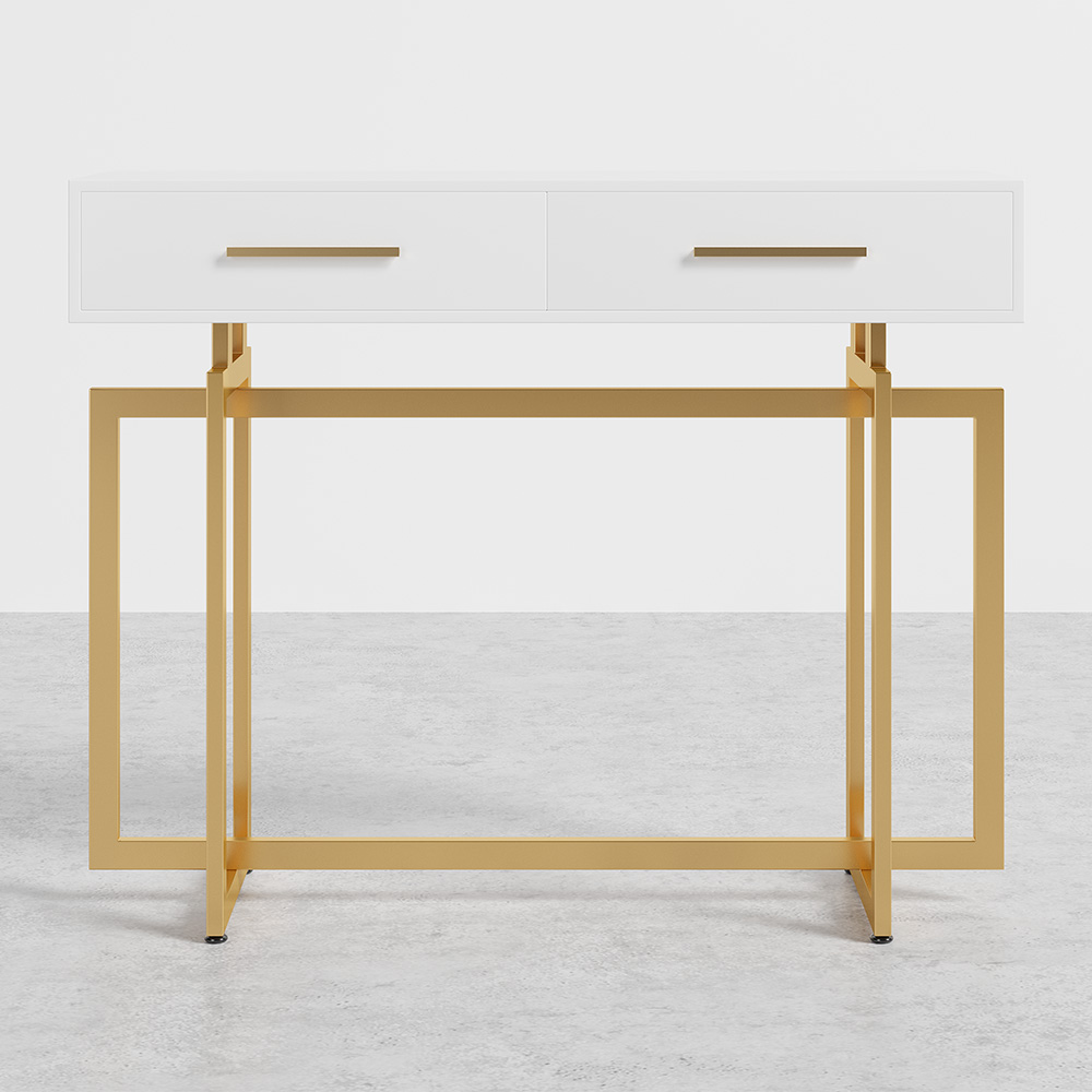 1000mm Narrow Console Table with Storage Drawers White Hallway Table with Metal Legs