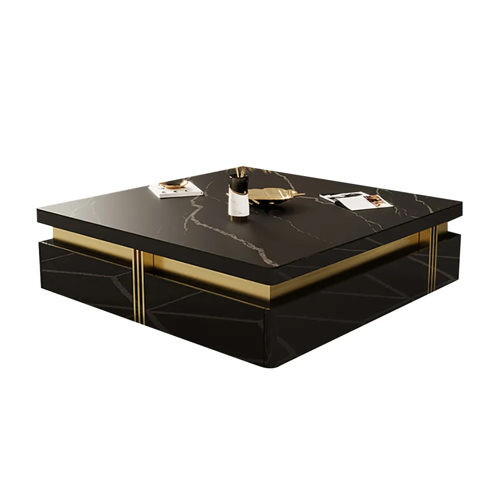43" Modern Black Square Storage Coffee Table Stone Top & 4 Wood Drawers