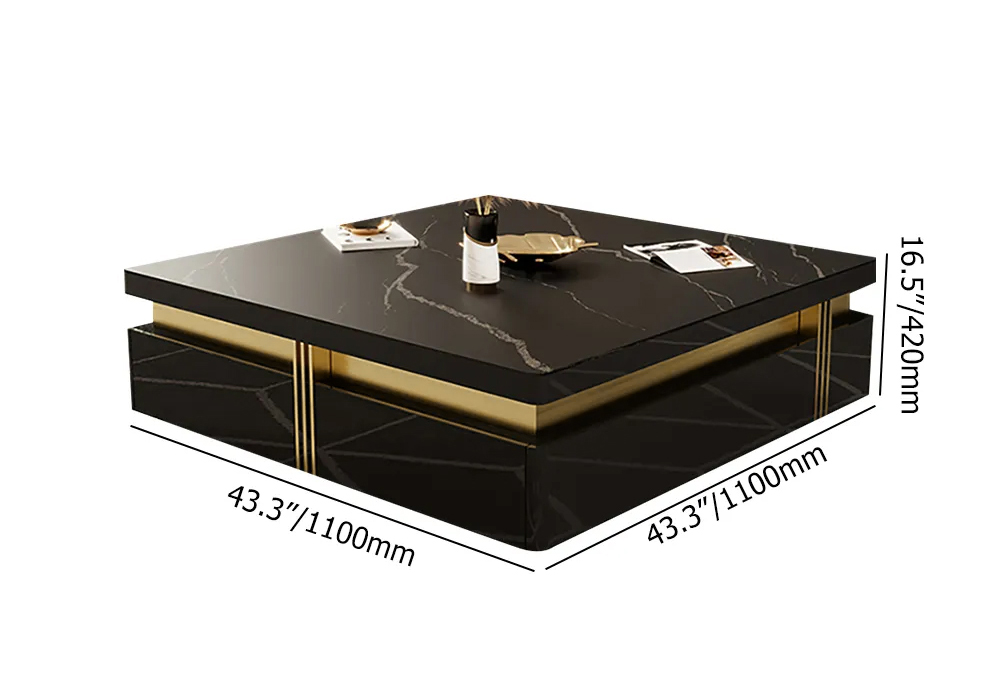 43" Modern Black Square Storage Coffee Table Stone Top & 4 Wood Drawers