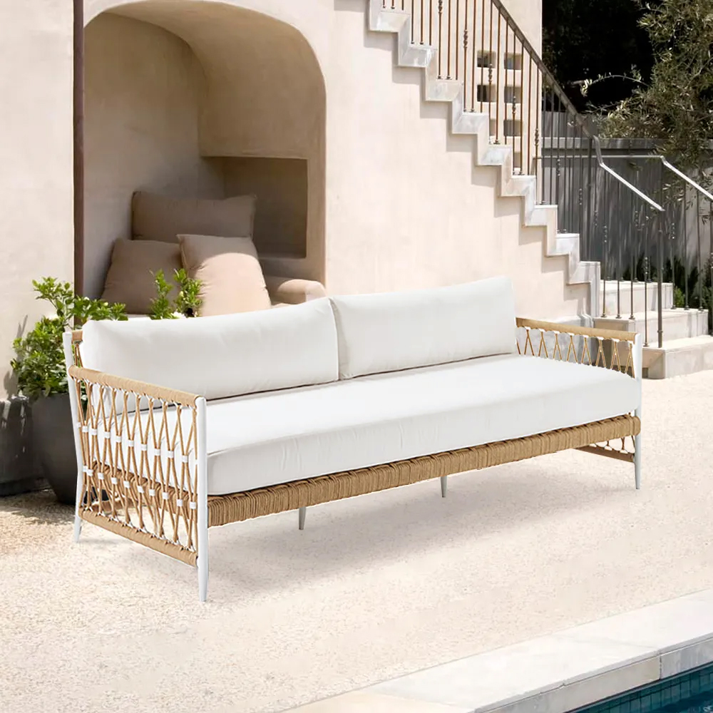 

Woven Rope Outdoor Sofa 3-Seater Sofa with White Polyester Pillow Cushion