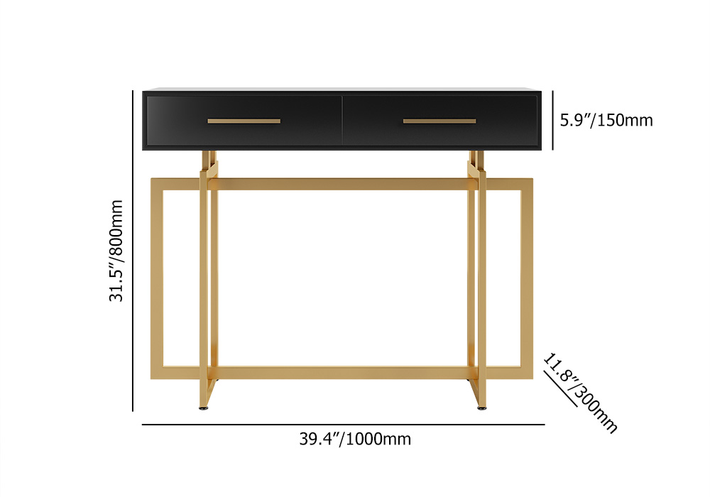 40" Black Rectangular Entryway Console Table with Drawers and Metal Legs in Gold