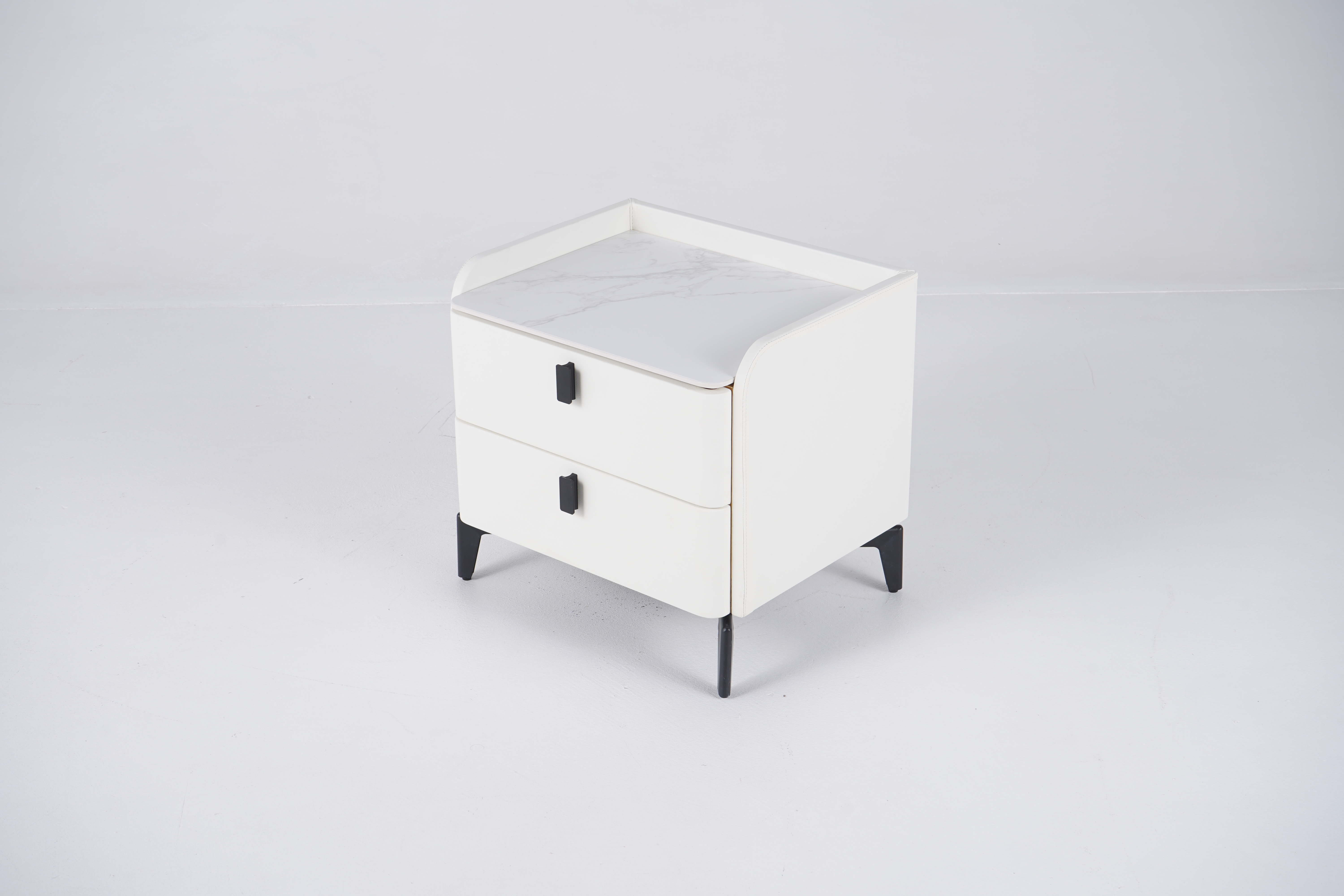 Modern White Nightstand with 2 Drawers and Stone Top Faux Leather Bedside Table