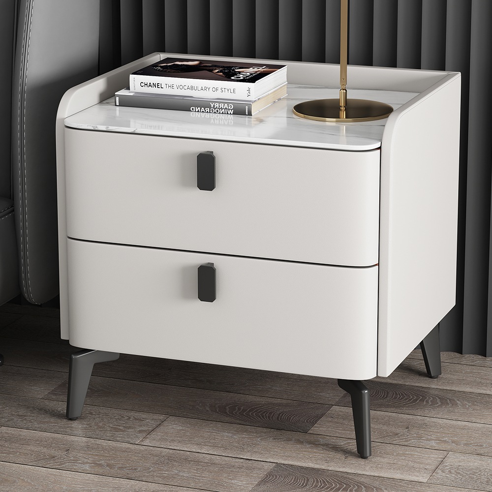 Modern White Nightstand with 2 Drawers and Stone Top Faux Leather Bedside Table