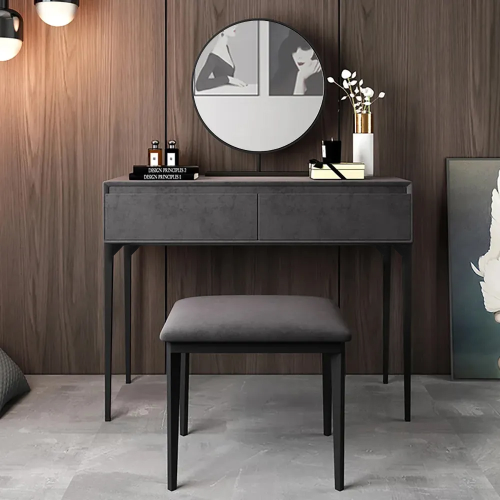 Modern Grey Makeup Vanity Set with Velvet Surface Dressing & Mirror & Stool in Large
