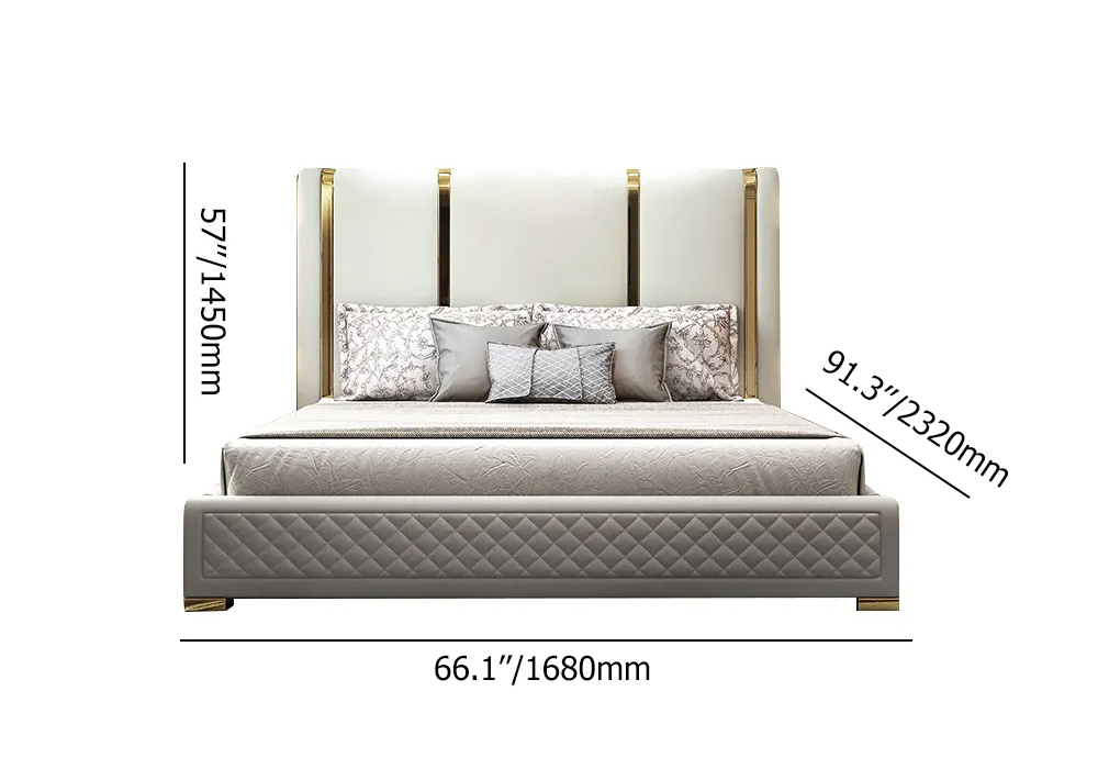 King Faux Leather Bed Low Profile Upholstered Platform Bed in Off-White