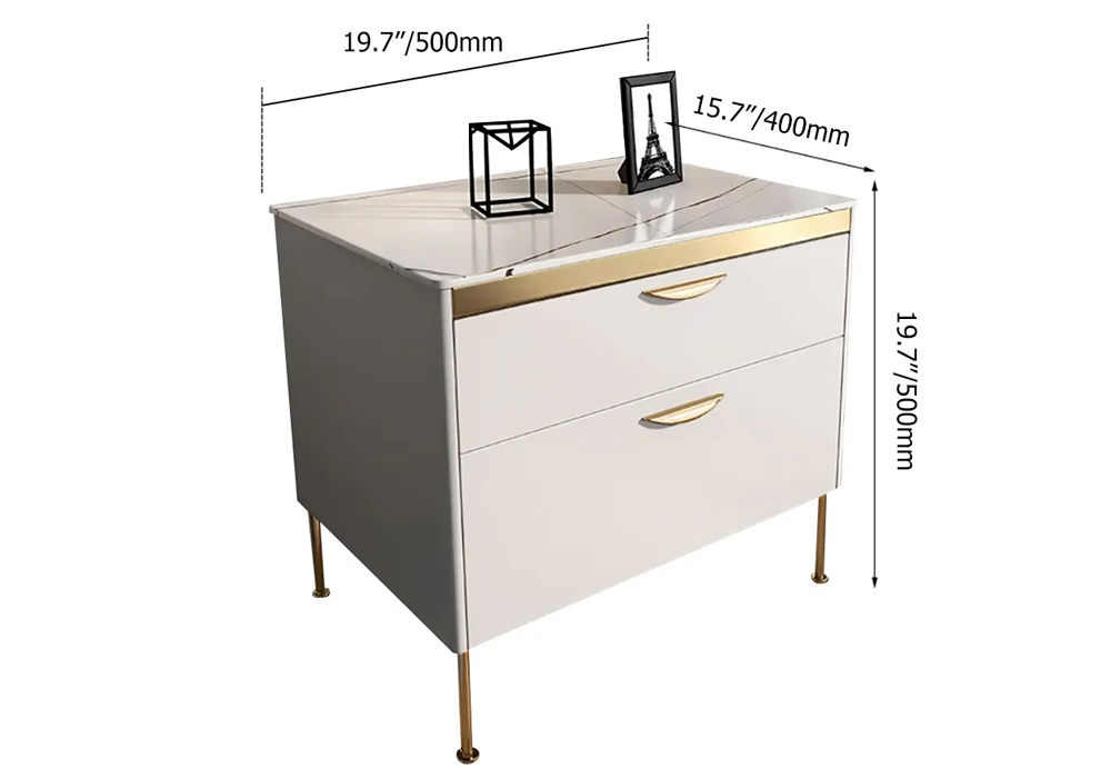 Modern White Nightstand Luxury Stone Top 2-Drawer Lacquered Bedside Table