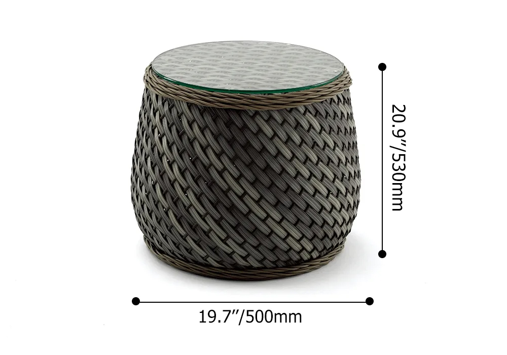 19.7" Round Rattan End Table Tempered Glass Tabletop Side Table