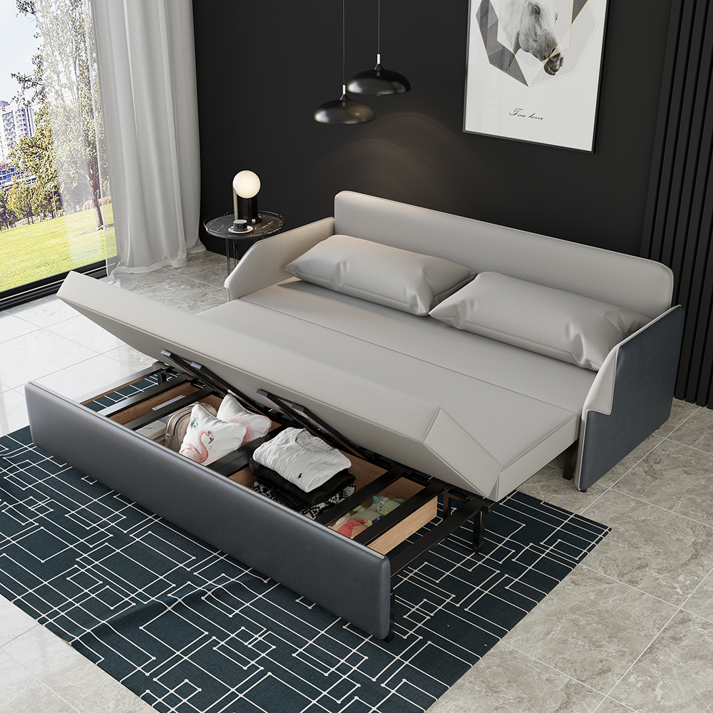 1950mm Modern Grey Convertible Storage Full Sleeper Sofa Leath-Aire Upholstery 