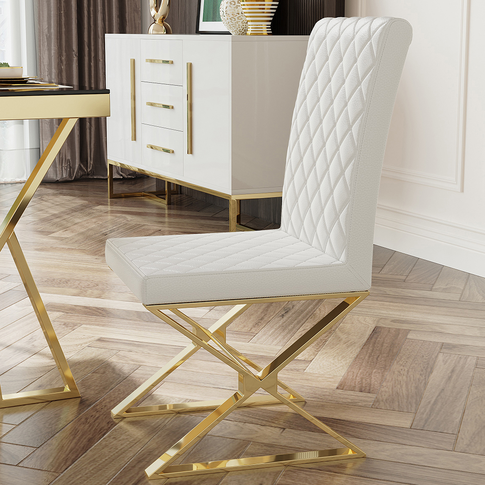 Modern White Leather Dining Room Chair Upholstered Gold Legs (Set of 2)