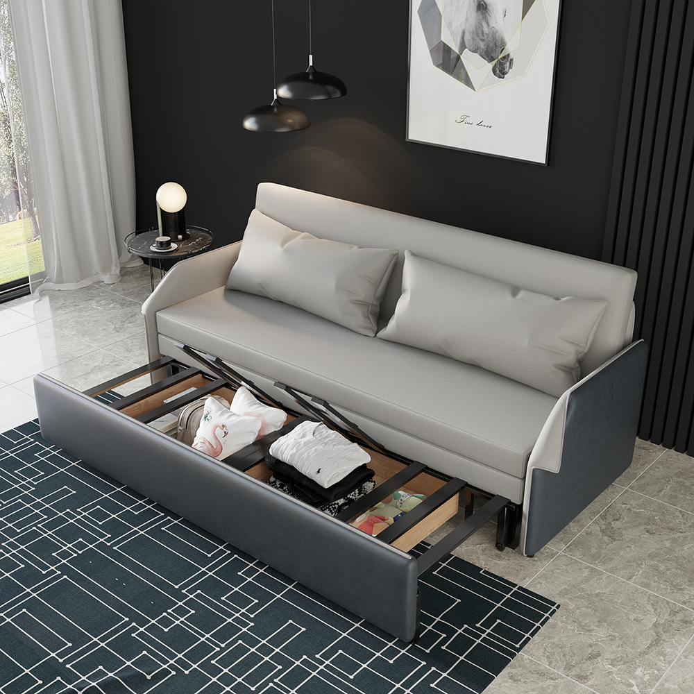 1950mm Modern Grey Convertible Storage Full Sleeper Sofa Leath-Aire Upholstery 