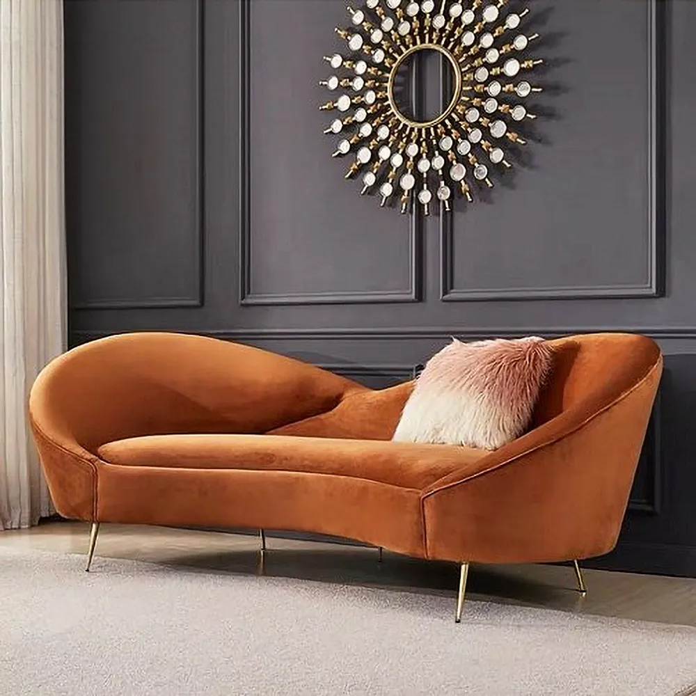 2360mm Modern Orange Velvet Upholstered Large 3-Seater Curved Sofa