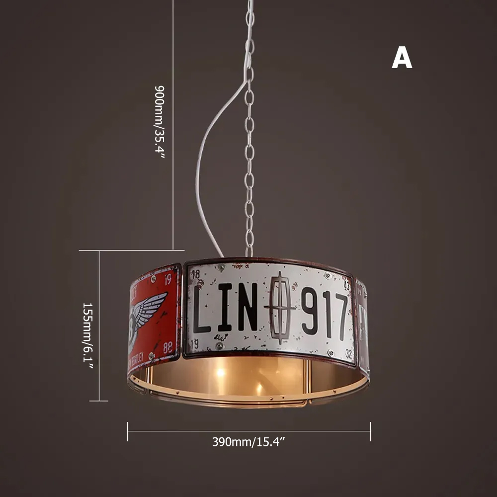 Industrial Round 3-Light Pendant Light Vintage Metal License plate