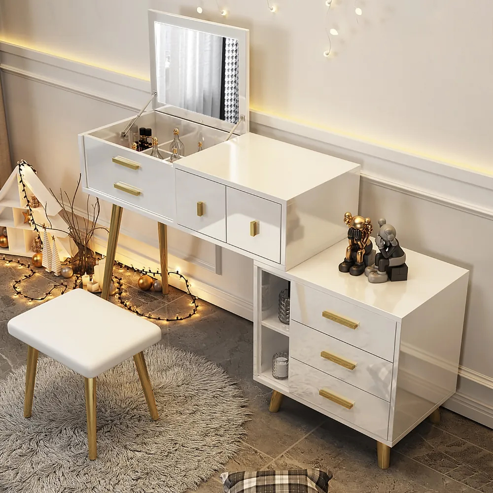 Modern White Makeup Vanity Extendable Dressing Table with Drawers & Flip Top Mirror