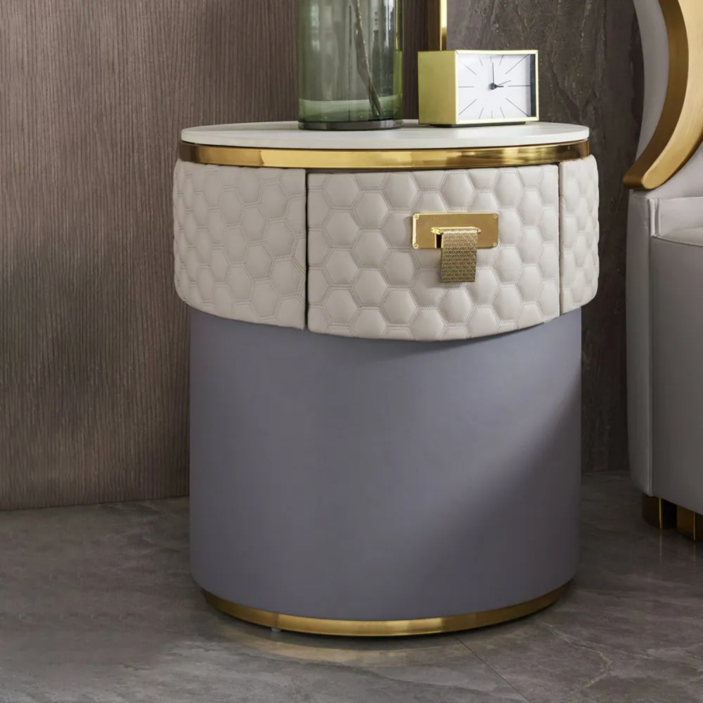 Modern round faux leather surface bedside table with storage stone