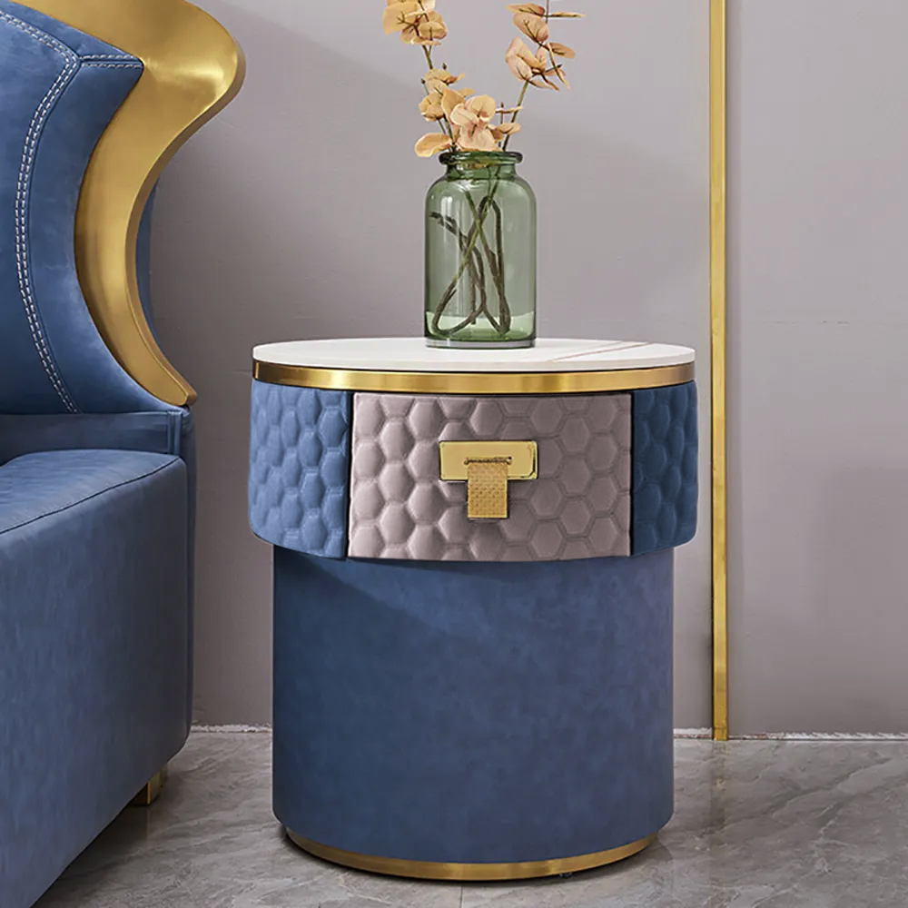 

Modern Round Faux Leather Surface Bedside Table with Storage Stone Top Nightstand, Dark gray & blue