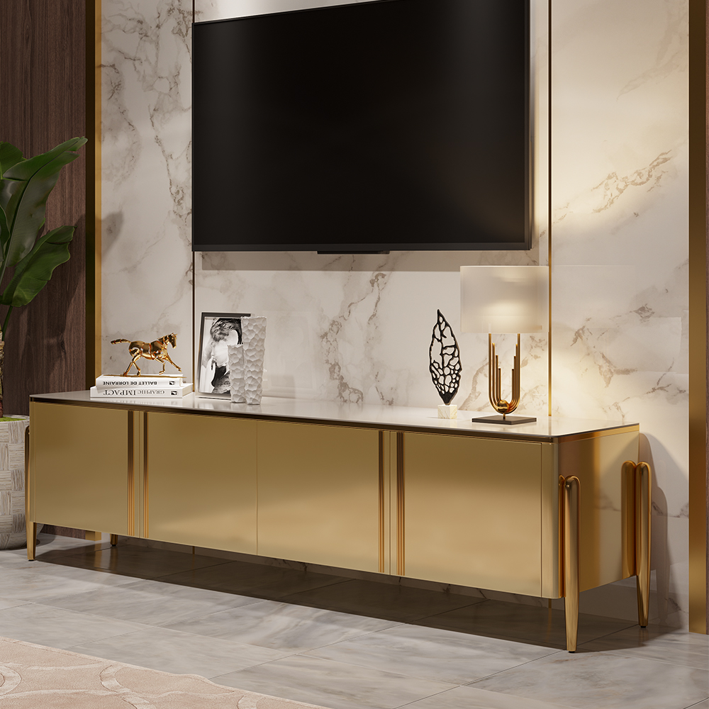Champagner-TV-Ständer Postmoderne rechteckige TV-Konsole mit 4 Türen für Fernseher bis 85 Zoll