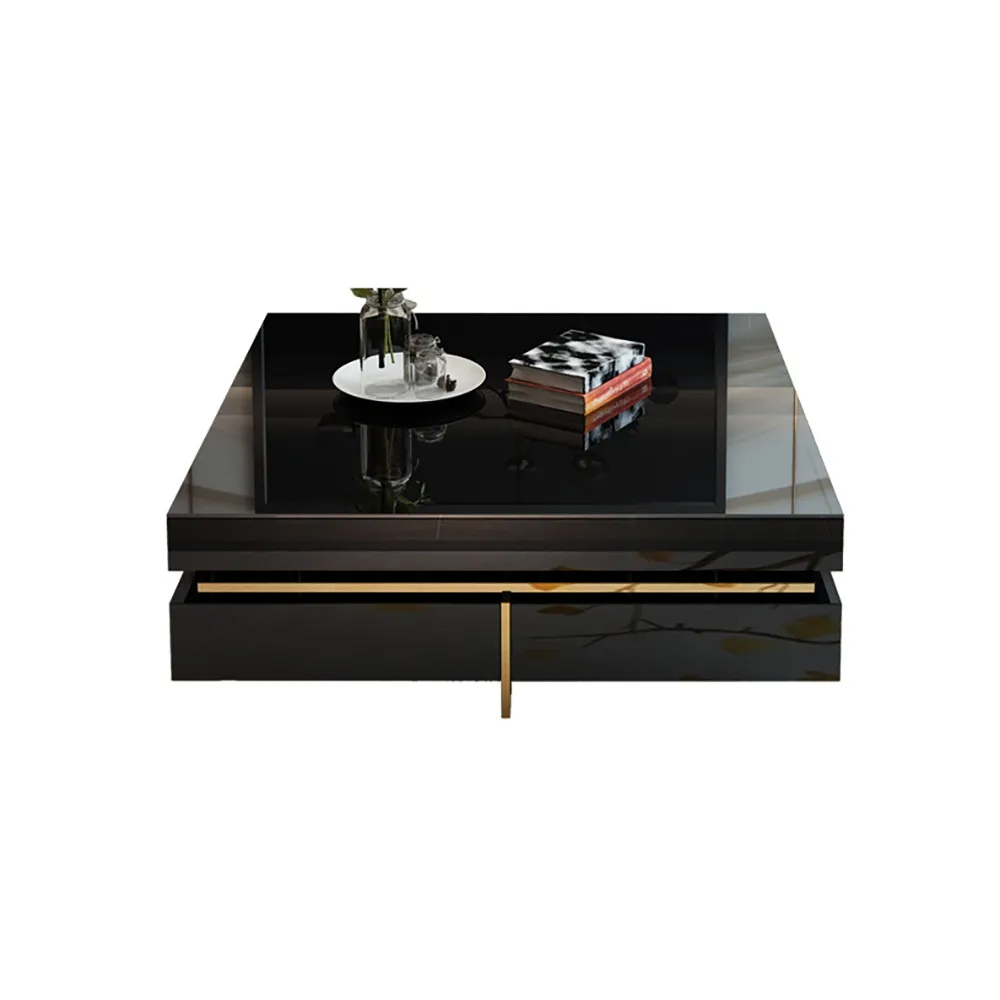 Black Modern Square Coffee Table with Drawers Tempered Glass Top & Metal Legs