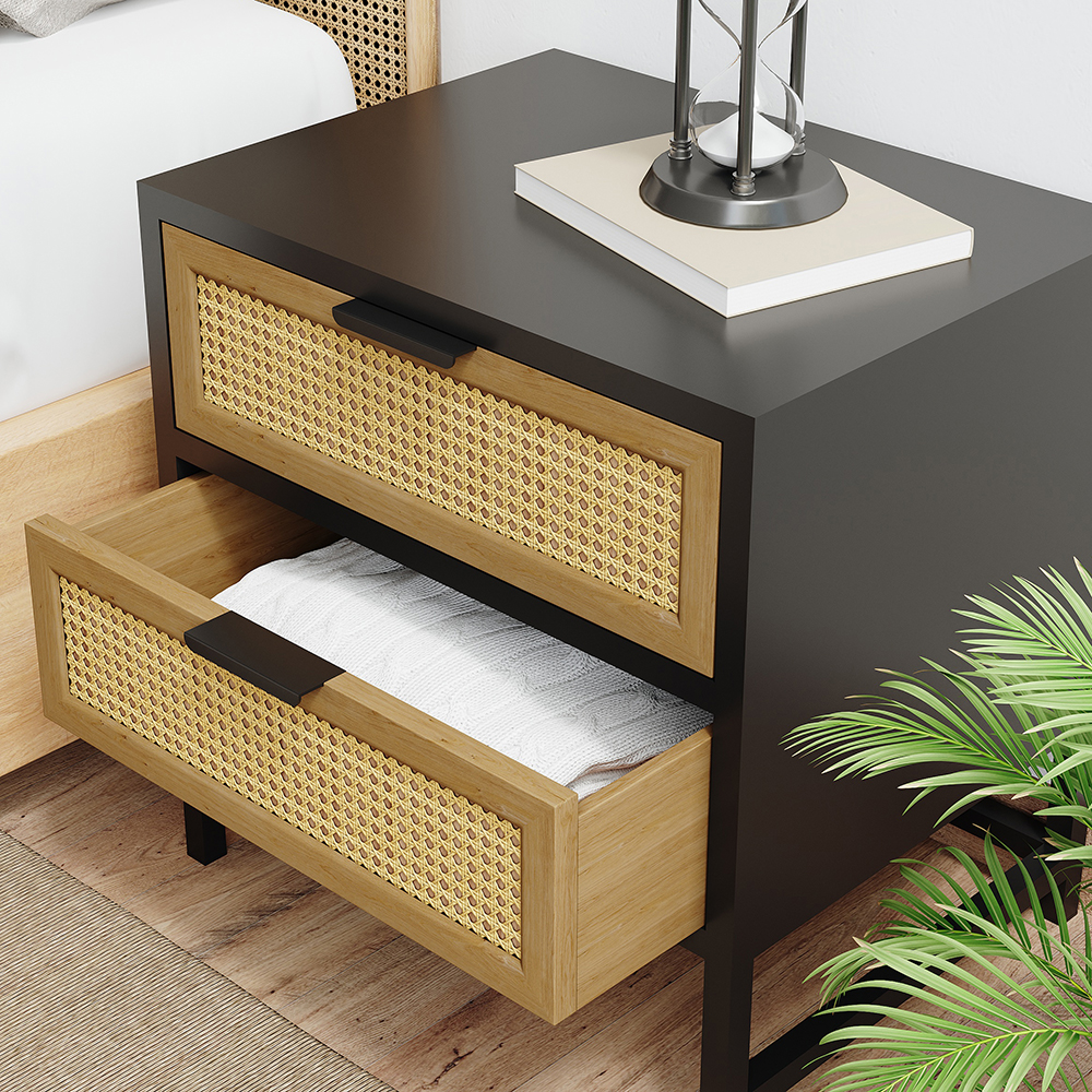 Industrial Nightstand Rattan Nightstand with 2 Drawers Storage for Bedroom