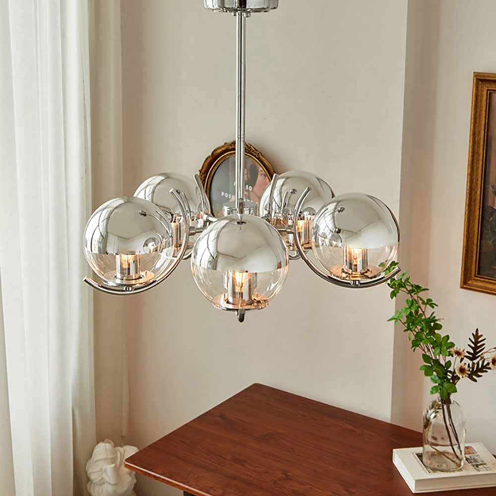 5-Light Modern Chrome Chandelier Glass Globe Ceiling Light