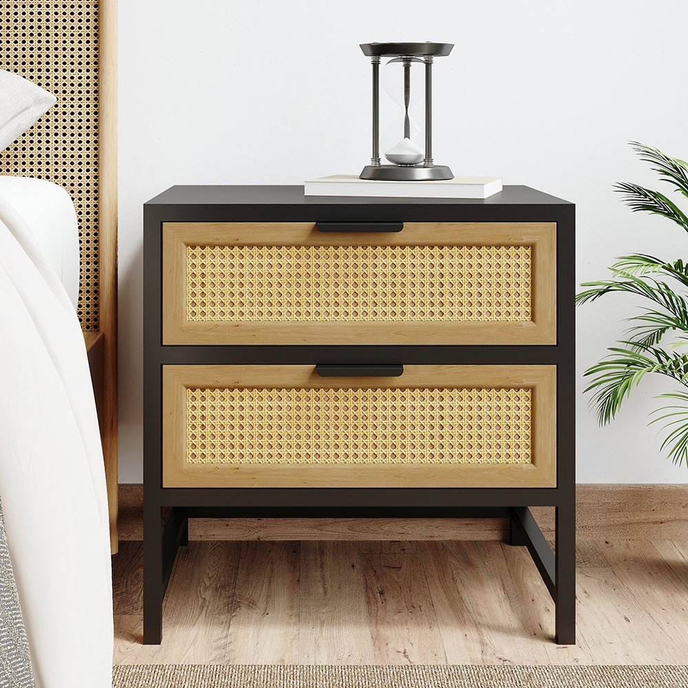 Modern Wood Nightstand Rattan Nightstand with 2 Drawers Storage for Bedroom