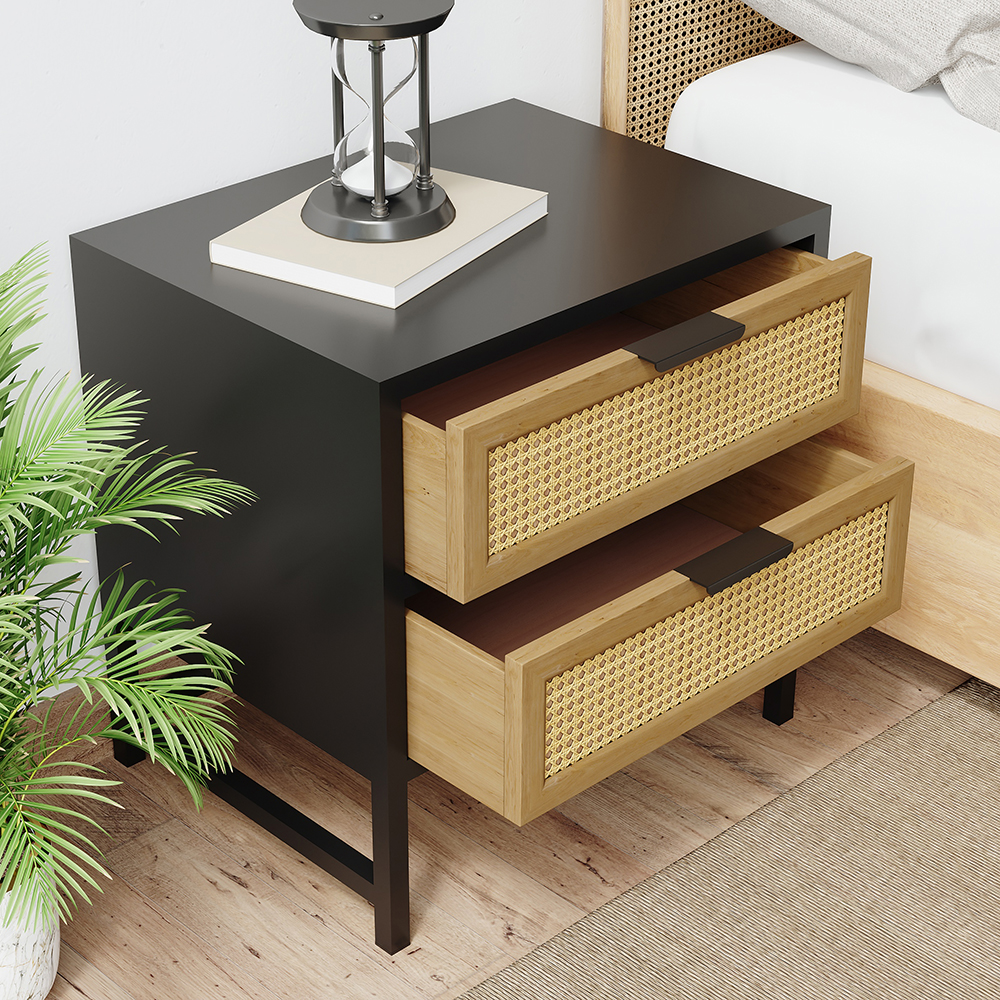 Industrial Nightstand Rattan Nightstand with 2 Drawers Storage for Bedroom