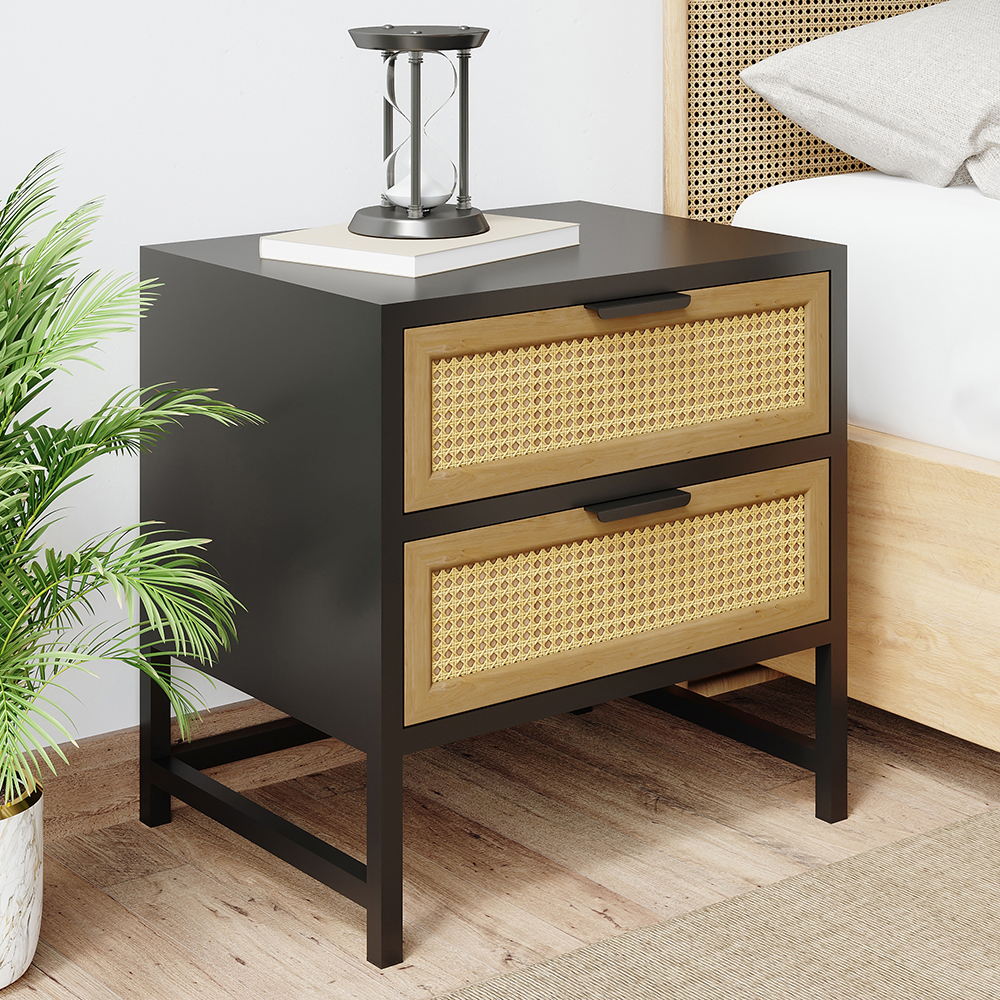 Modern Wood Nightstand Rattan Nightstand with 2 Drawers Storage for Bedroom