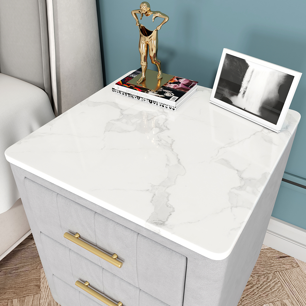 Modern Nightstand Gray Velvet Upholstered Bedside Table 3 Drawers with Stone Top