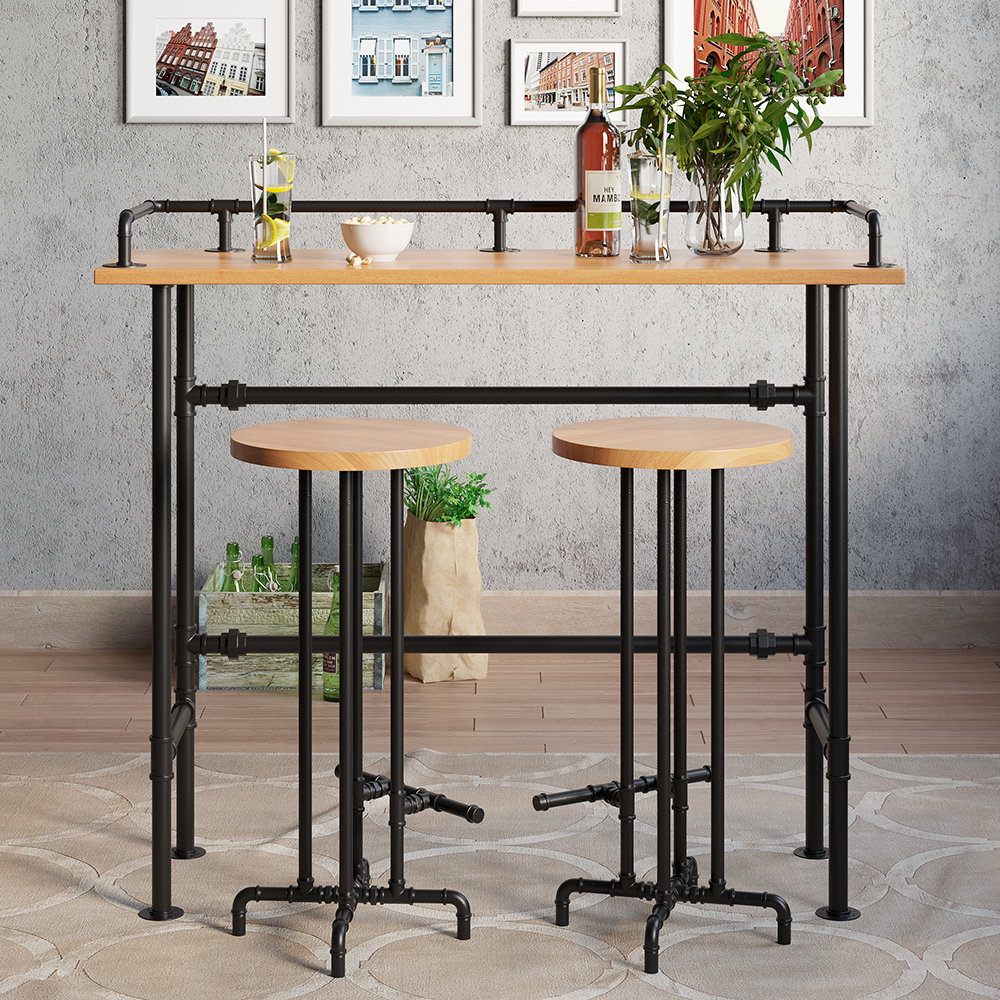 59.1" Industrial Rectangular Natural Wood Bar Height Table with Footrest
