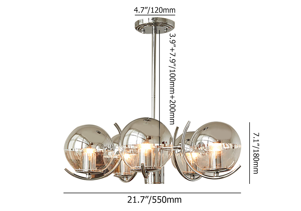 5-Light Modern Chrome Chandelier Glass Globe Ceiling Light