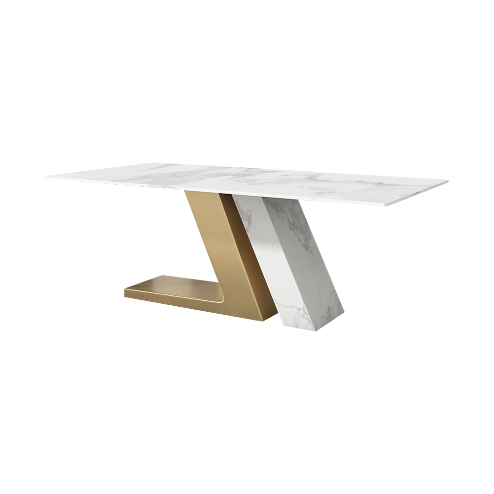 63" White Rectangle Modern Dining Table with Stone Top & Stainless Steel Pedestal