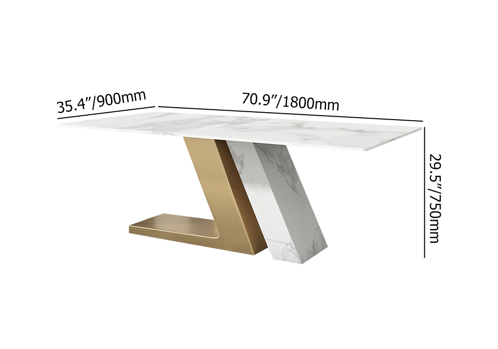 1800mm White Rectangle Modern Dining Table for 6 Stone Top & Stainless Steel Pedestal
