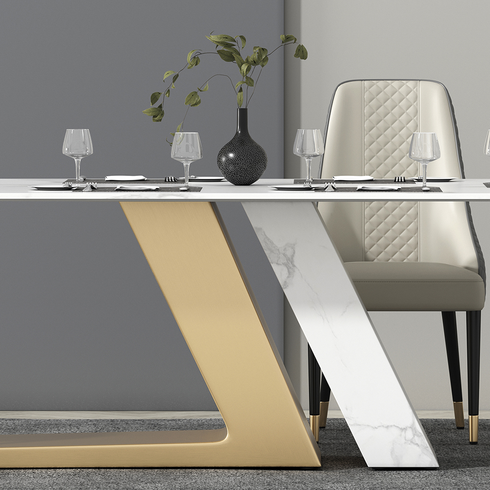 79" White Rectangle Modern Dining Table for 8 Stone Top & Stainless Steel Pedestal