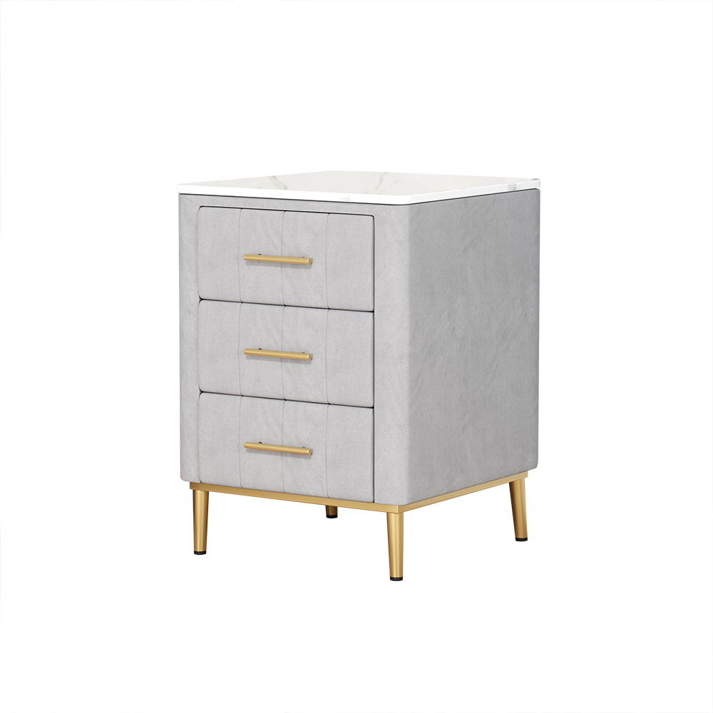 Modern Nightstand Gray Velvet Nightstand Bedside Table 3 Drawers Stone