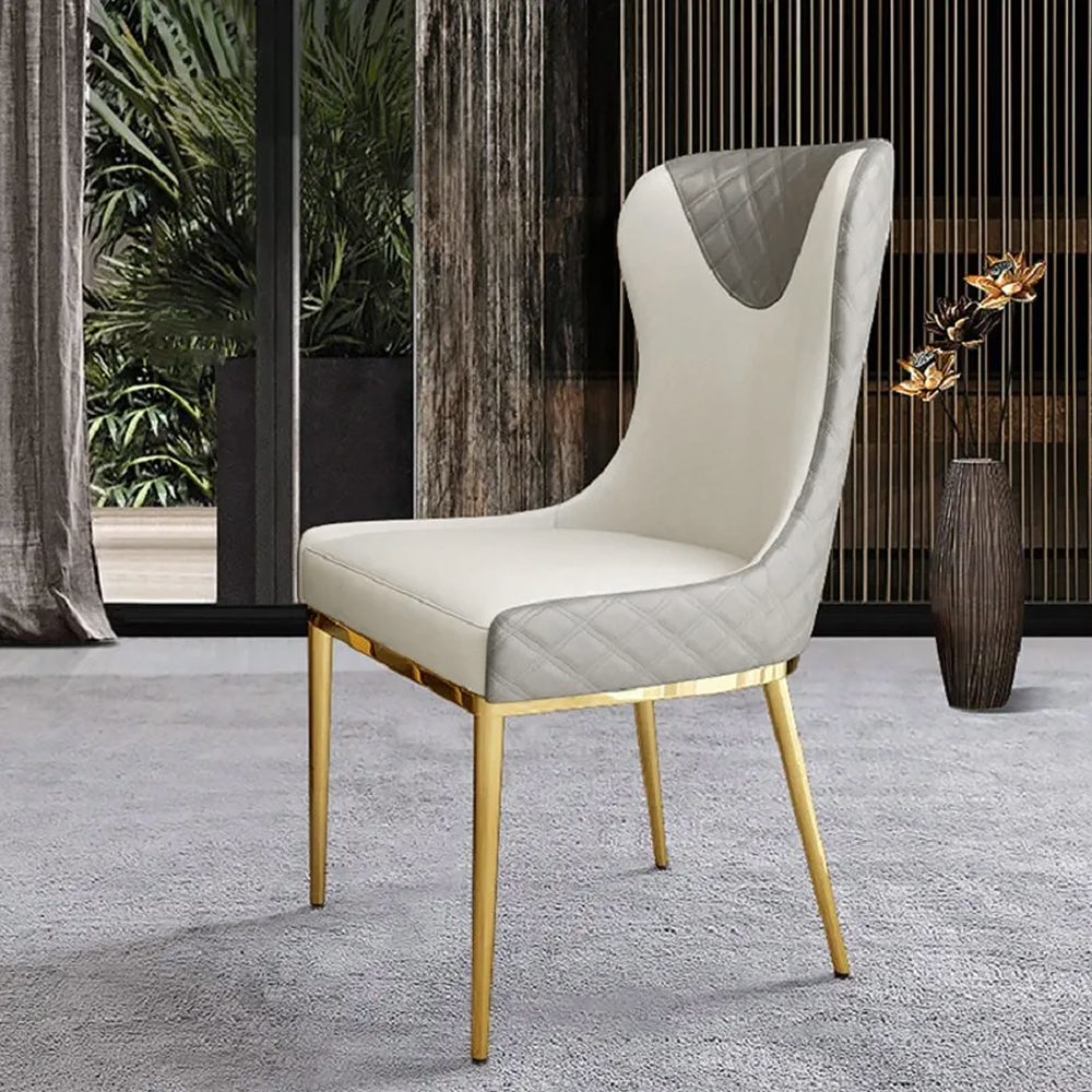 Modern Wingback Dining Chair Gray PU Leather Upholstered Side Chair Set of 2 Gold Legs