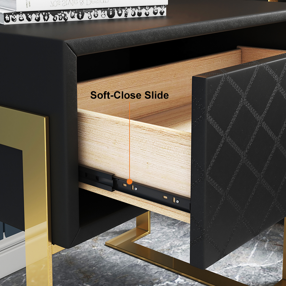 Moderner Nachttisch mit Schublade aus schwarzem PU-Leder, Massivholzrahmen und goldener Basis