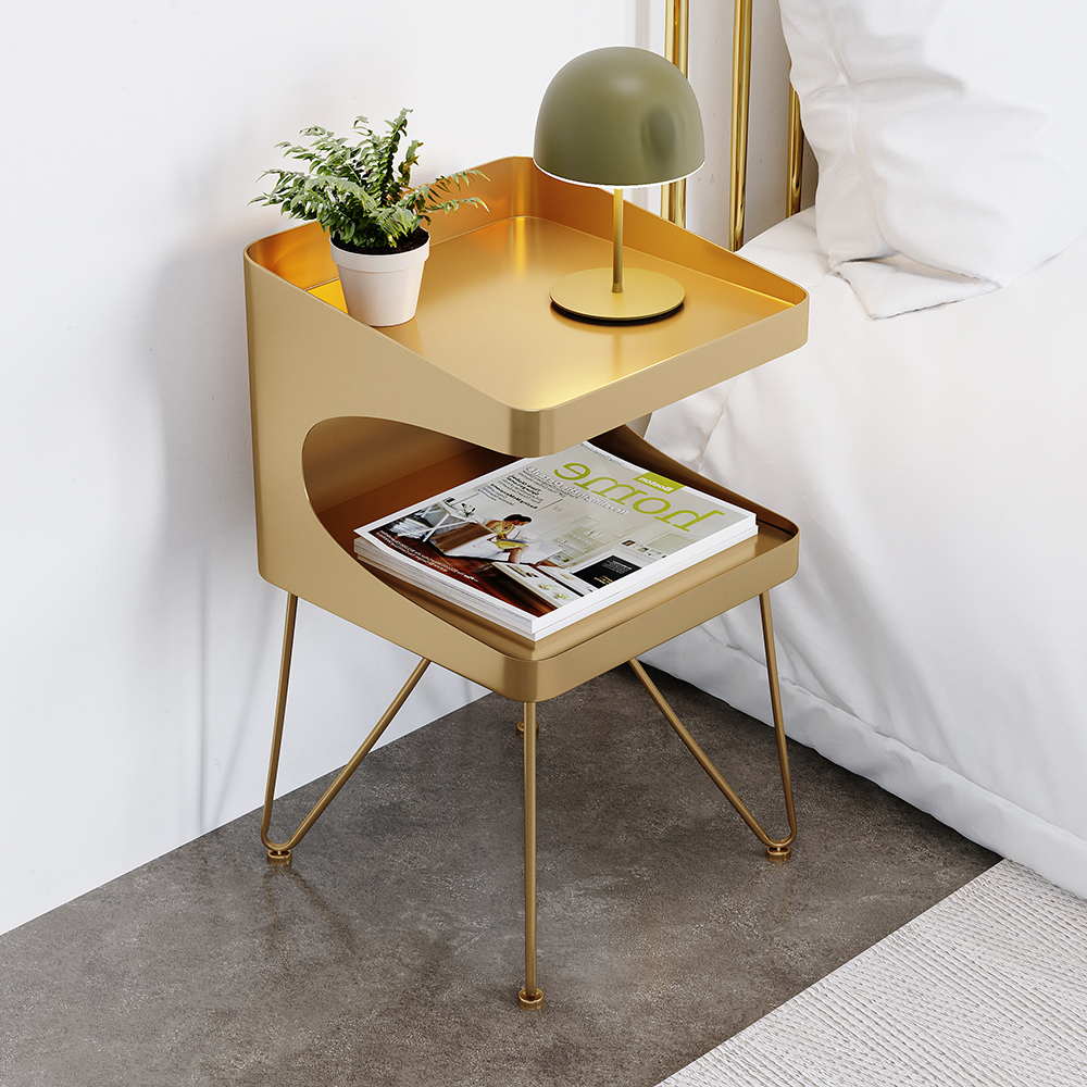 Modern Gold Metal Nightstand with 2 Shelves and Handle Bedside Table