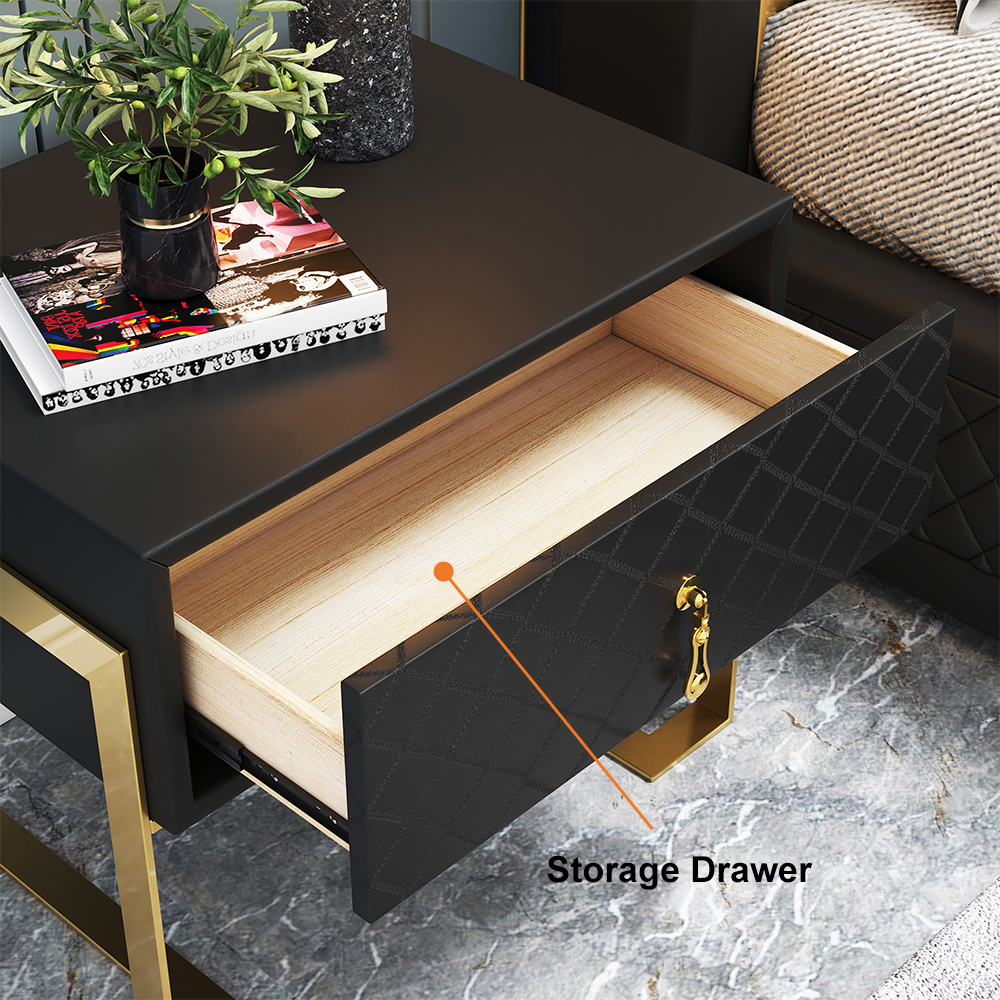 Moderner Nachttisch mit Schublade aus schwarzem PU-Leder, Massivholzrahmen und goldener Basis