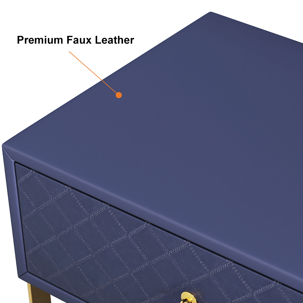 540mm Modern Faux Leather Wooden Nightstand with Drawer in Blue