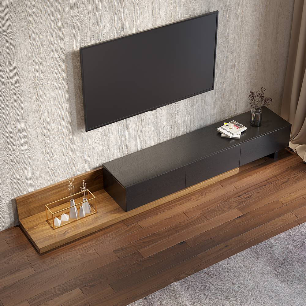 Crator Rectangle Wood Extendable TV Stand Black and Walnut Media Console with 3-Drawer