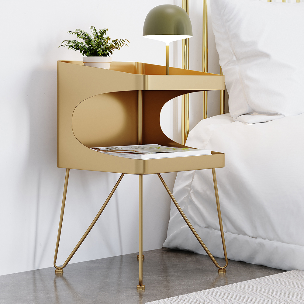 Modern Gold Metal Nightstand with 2 Shelves and Handle Bedside Table