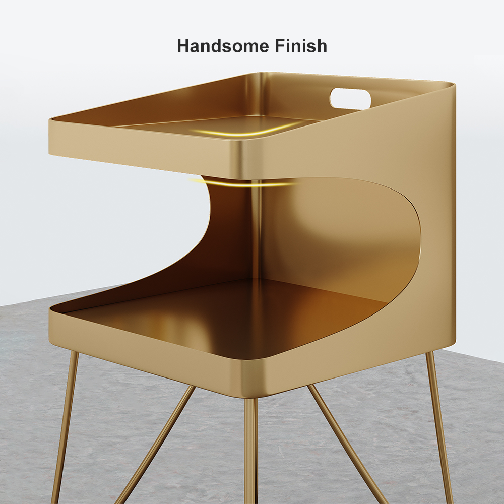 Nordic Gold Metal Nightstand with 2 Shelves and Handle Bedside Table