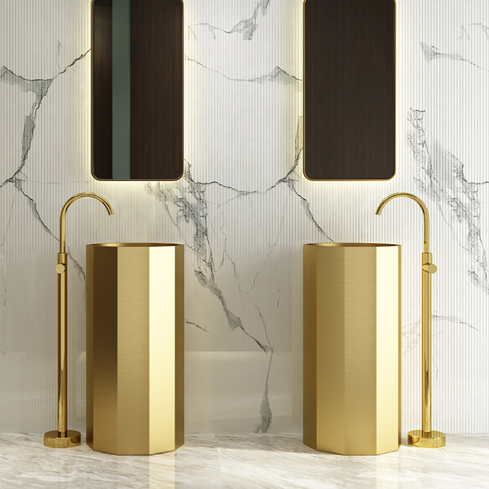 Image of Brushed Gold Modern Stainless Steel Single Sink Pedestal Sink Freestanding