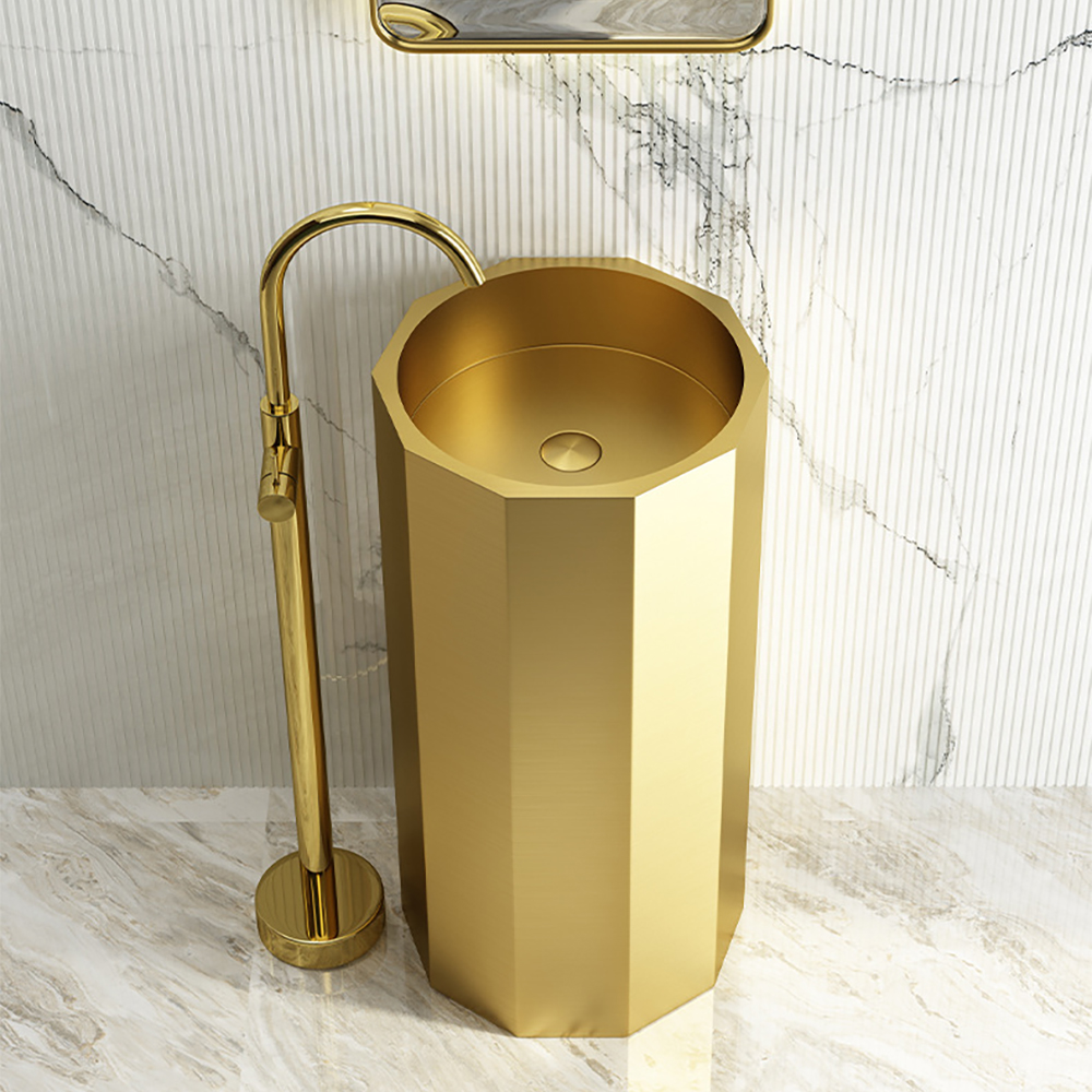Brushed Gold Modern Stainless Steel Single Basin Pedestal Basin Freestanding