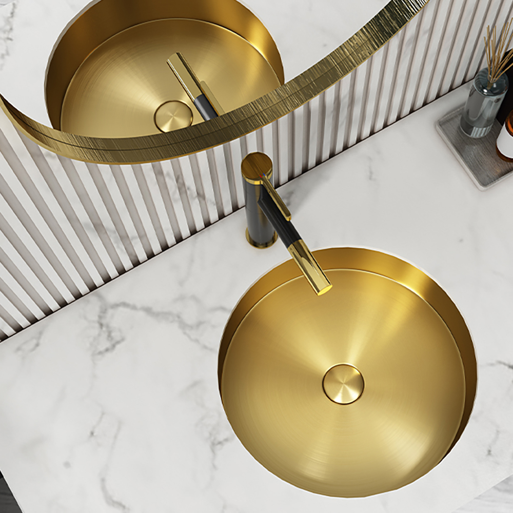 Image of Brushed Gold Modern Luxury Stainless Steel Round Sink Undermount Bathroom Wash Sink