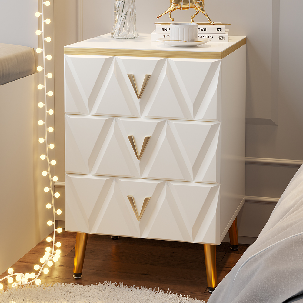 Nordic White Nightstand 3-Drawer Bedside Table V-Shaped Facet & Gold Pulls in Large